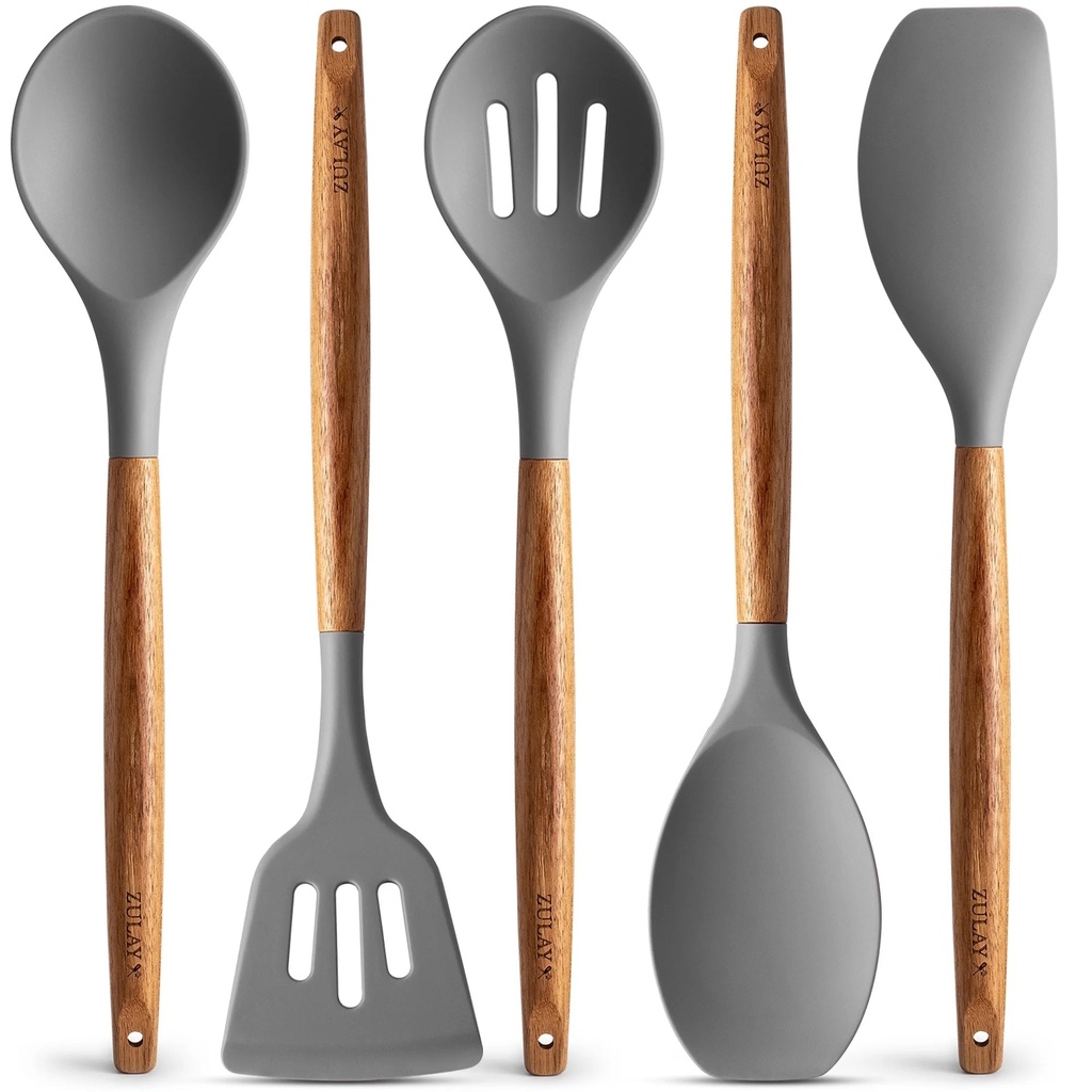 Zulay Kitchen Non-Stick Silicone Utensils Set with Acacia Wood Handles 5 Piece Silicone - Gray