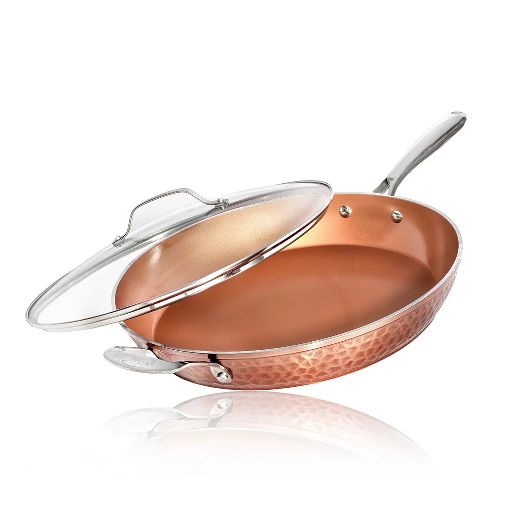 Gotham Steel Hammered Nonstick Frying Pan 14" Inch Large Skillet with Glass Lid Cooking Pan Oven Safe Induction Copper