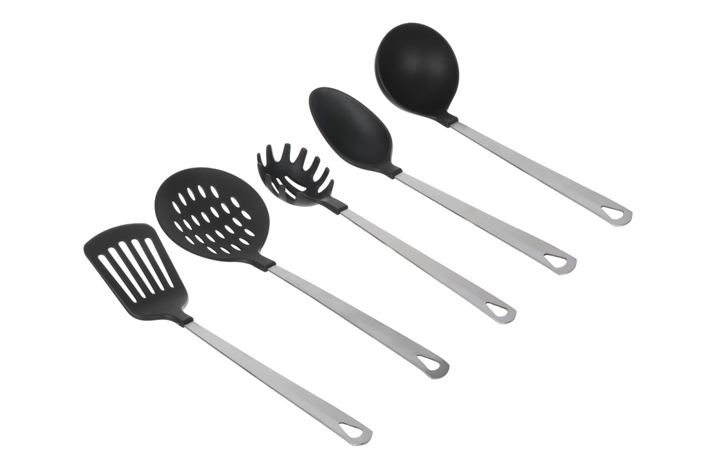 Mainstays Stainless Steel and Nylon Cooking Tool Set, Spoon, Spatula, Ladle, Pasta Spoon and Skimmer Assorted Colors
