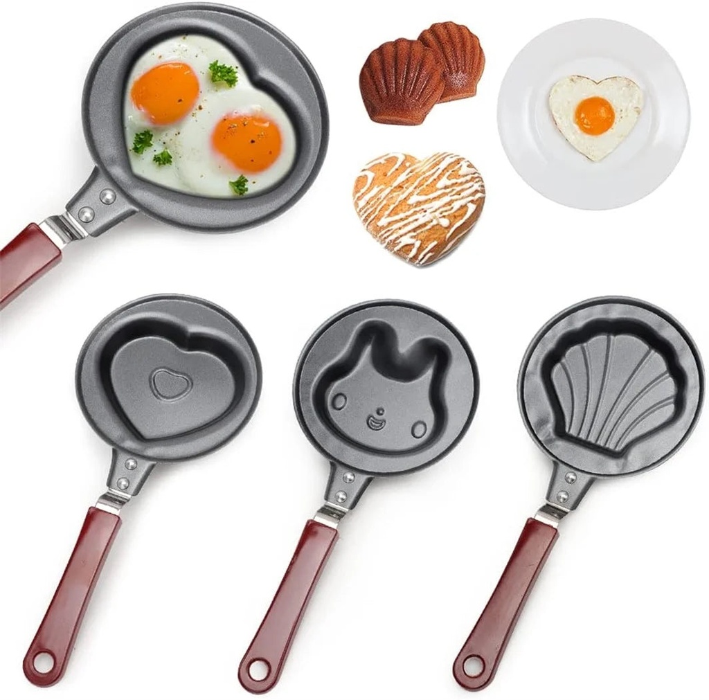 3 Mini Frying Pans, Dingrich 12 Cm Diameter Small Egg Pan with Hand, Pancake Pan Induction, Non-Stick Coated Pan for Kitchen (Heart, Rabbit, Shell Shape)