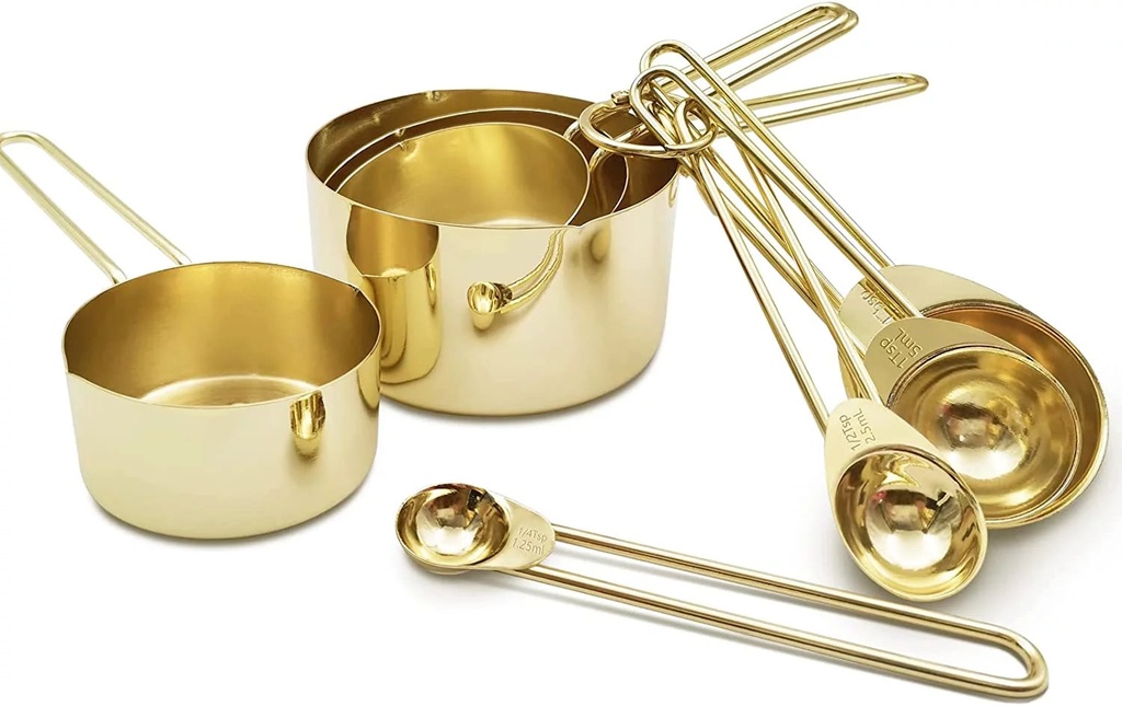Gold Measuring Cups and Spoons Set of 8 Pcs, Stainless Steel Measuring Cups and Spoons Set