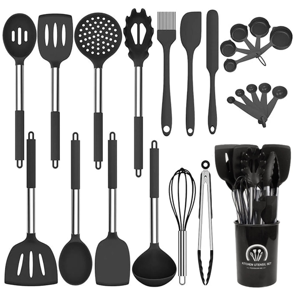 ALLJOY Silicone Cooking Utensils Set-24 Pcs Heat Resistant Stainless Steel Kitchen Utensils, Baking Tools, Black
