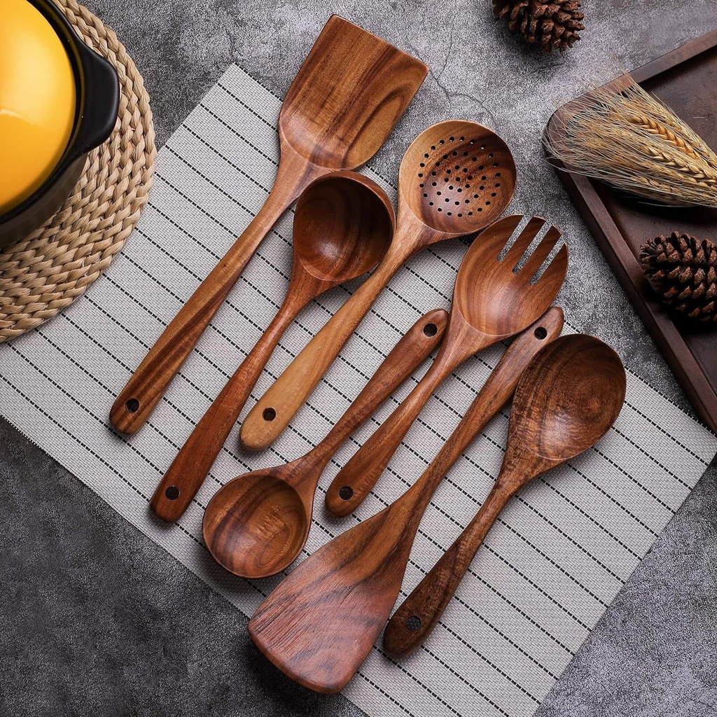 Wooden Non-Stick Kitchen Pan Toolset 7 Pieces Set,100% Natural Teak Kitchen Utensils Spatula, Wooden Cooking Utensils Spoons, Fried Spatula and Salad Fork