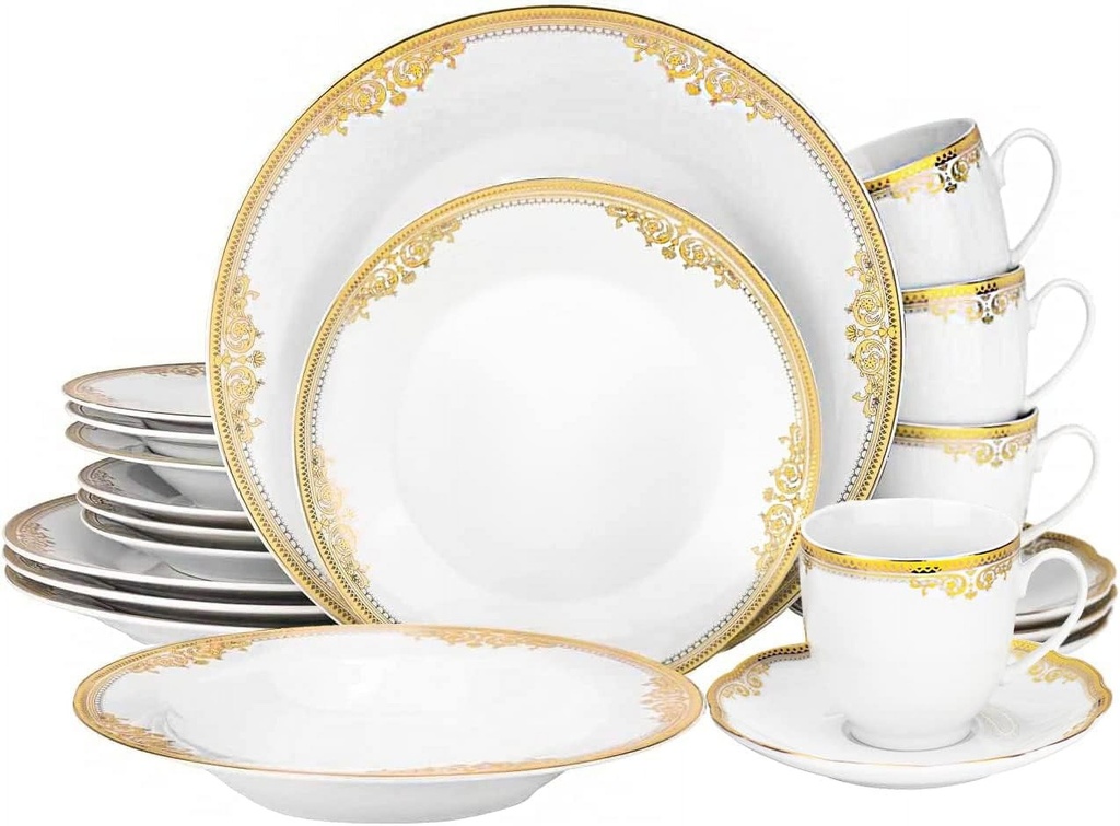 Royalty Porcelain 20 Pc Dinnerware Set with Gold Floral Ornament, China, Gold, White