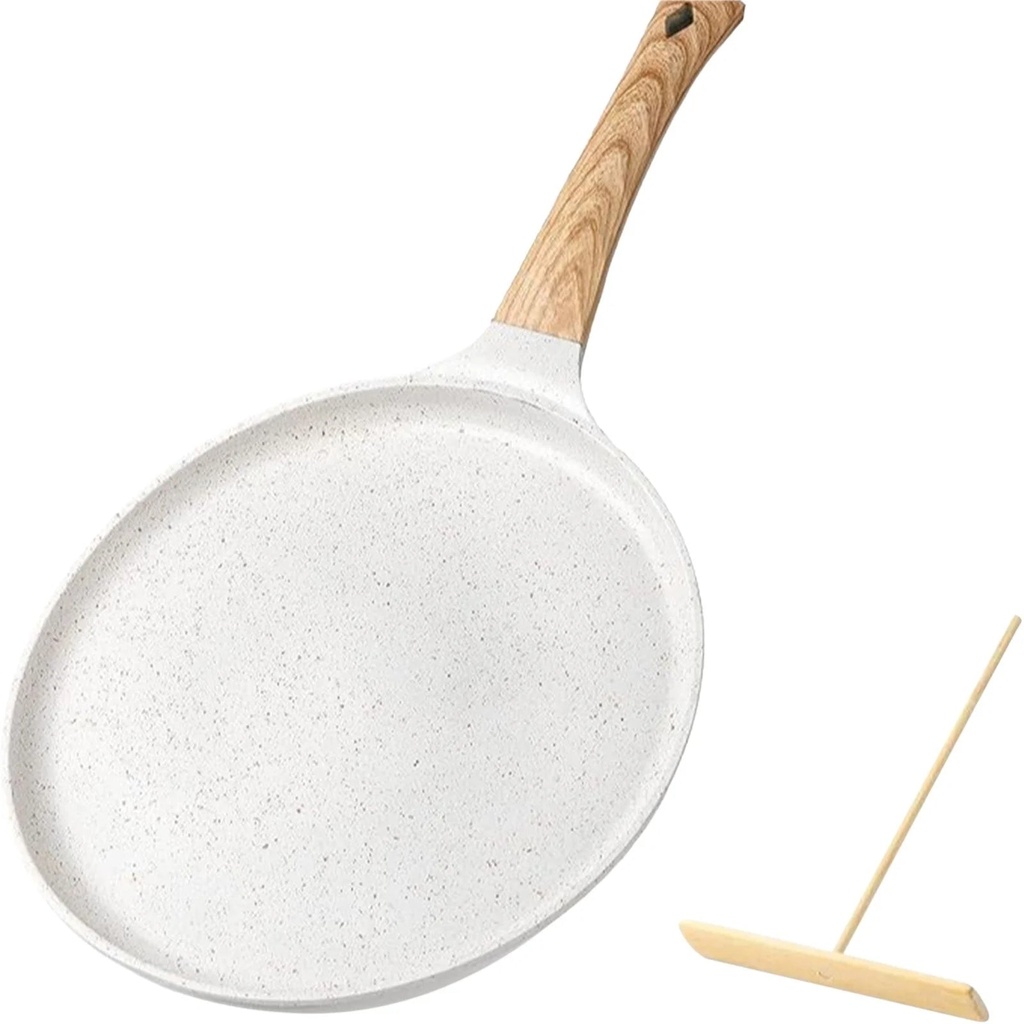 Motao Clearance Onstick Crepe Pan with Spreader 9.5 Inch Coating Flat Skillet Tawa Dosa Tortilla Pan Compatible with All Stovetops Cooking Utensils White Wood