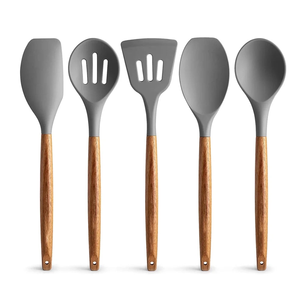 5PC Heat Resistant Silicone Spatulas Set for Nonstick Cookware,Wooden Handle Spatulas, Rubber Spatula Kitchen Cooking Spoon Utensils Set Non-Stick Baking and Mixing Scraper Silicon Spatula