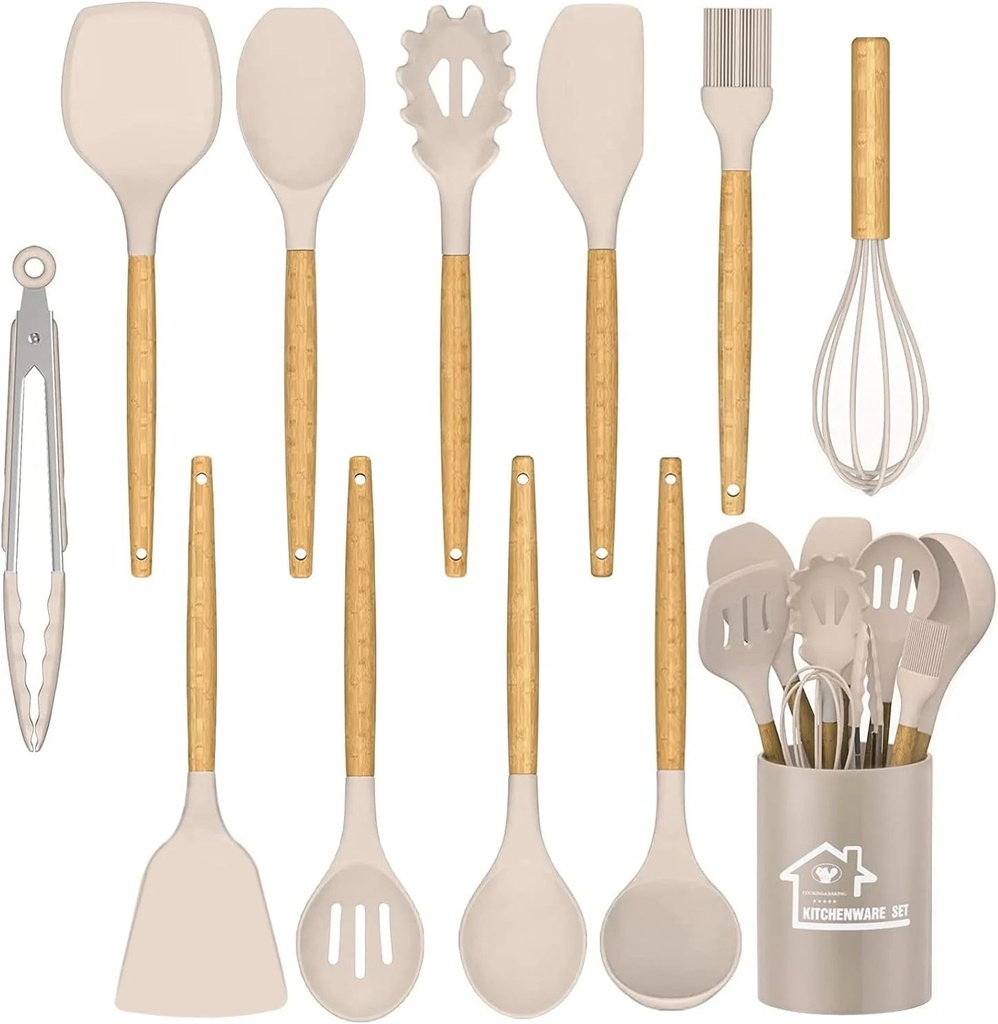 Silicone Cooking Utensils Set, KOSIY 12PCS Kitchen Utensils W/ Holder Wood Handle Non-Stick, Khaki