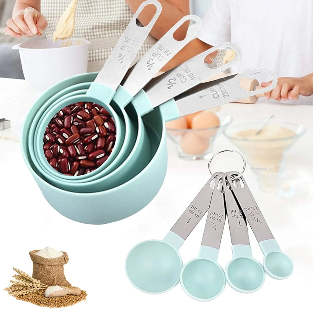 Measuring Cups and Spoons Set of 8 Pieces, Plastic Measure Cups with Stainless Steel Handle, Dishwasher Safe and Stackable Kitchen Tools for Dry and Liquid Ingredient