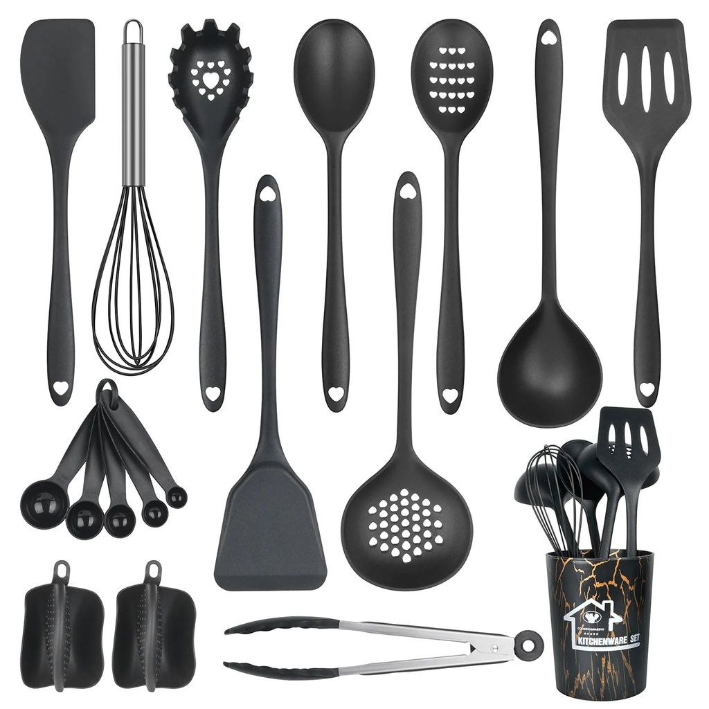 Silicone Utensil Set W/ Holder, 18Pcs Silicone Utensils for Cooking Non-Stick Heat Resistant, Black