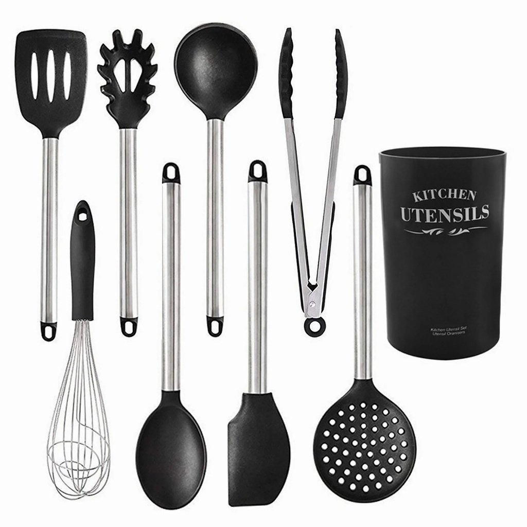 Kitchen Utensils Set-9 Pcs Non-Stick Silicone Cooking Utensils with Holder,Stainless Steel Handles, Black