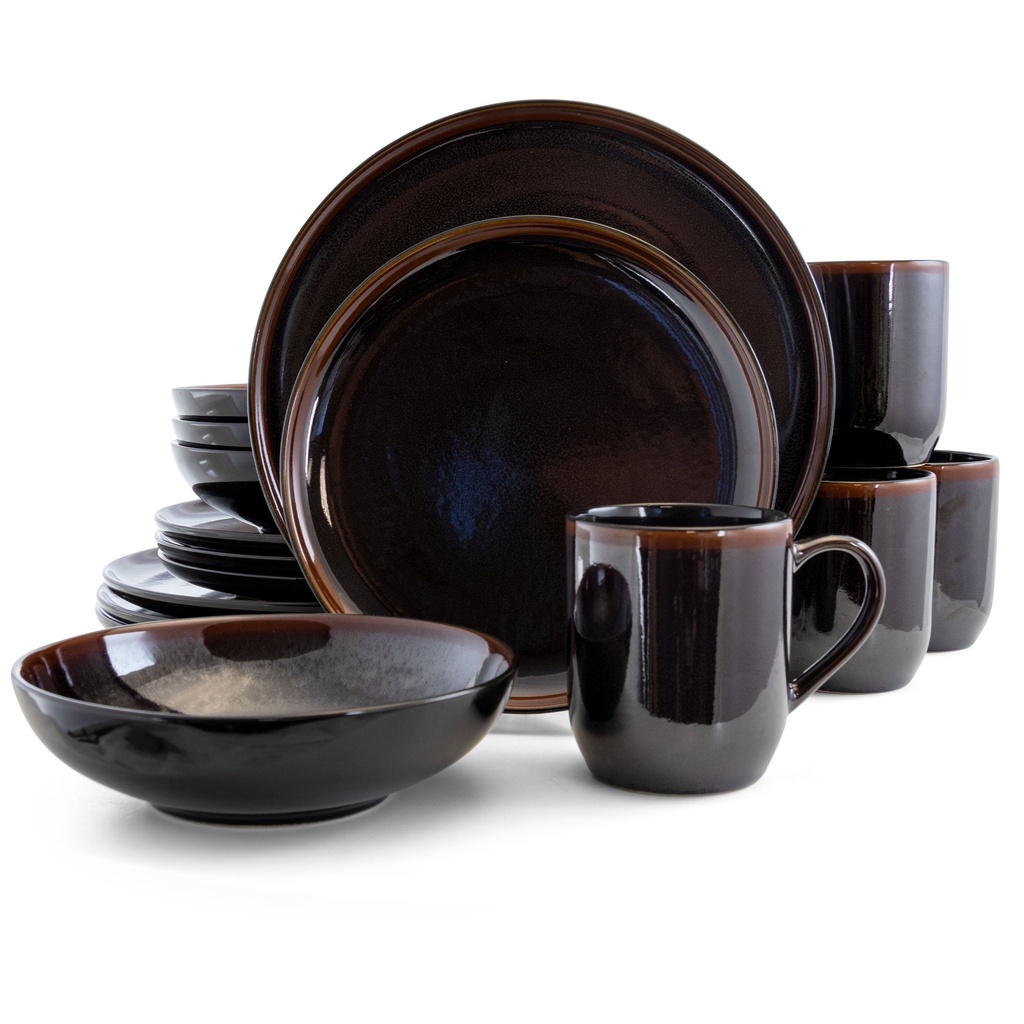 Elama Midnight Beach 16 Pieces round Stoneware Dinnerware Set in Metallic Black