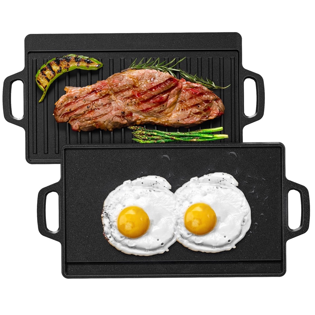Reversible Cast Iron Grill Griddle, 17.7" X 8.8" Double Sided Nonstick Grill Pan, Rectangular Baking Flat and Ribbed Griddle Plate, Perfect for Gas Grills and Stove Tops, Camping BBQ