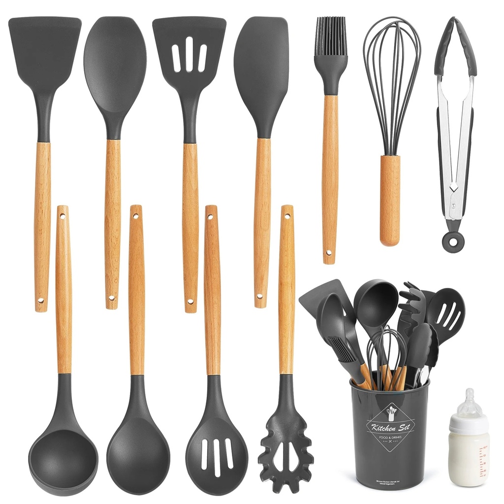Silicone Cooking Utensil Set,Busatia Chef Kitchen Utensils 11Pcs Set with Wooden Handles BPA Free Non Toxic Silicone Turner Tongs Spatula Spoon Kitchen Gadgets Utensil Set for Nonstick Cookware