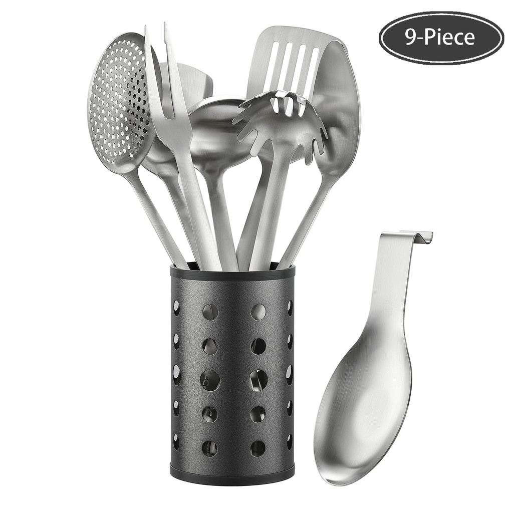 Mccook Stainless Steel Kitchen Utensil Set- MC60 Cooking Utensils for Kitchen, 9-Piece Kitchen Turner, Serving Spoon, Ladle, Skimmer Spoons, Fork, Pasta Server,Spoon Rest and Holder,Silver
