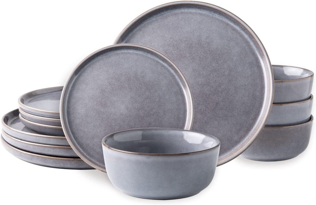 Stoneware Dinnerware Sets,Round Reactive Glaze Ceramic Plates and Bowls Set,Highly Chip and Crack Resistant | Dishwasher & Microwave Safe Dishes,Service for 4 (12Pc)