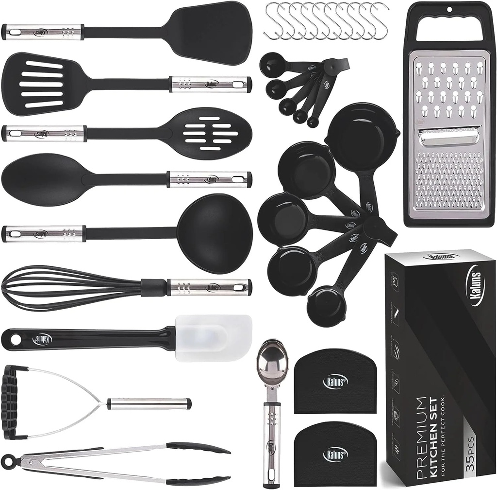 Kaluns 24 Pc Kitchen Utensil Set of 35 Nonstick Heat Resistant Nylon & Stainless Steel - Black