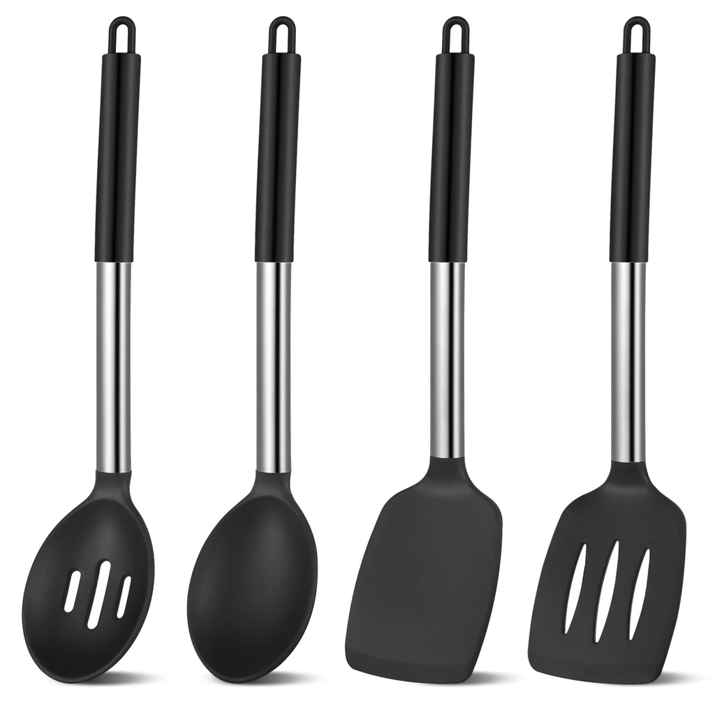 Sixwipe Silicone Cooking Spatulas and Spoons, 4 Pack Heat Resistant Silicone Cooking Utensils Set, Non-Stick Large Kitchen Silicone Spatula and Spoons for Cooking, Mixing, Serving, Draining(Black)
