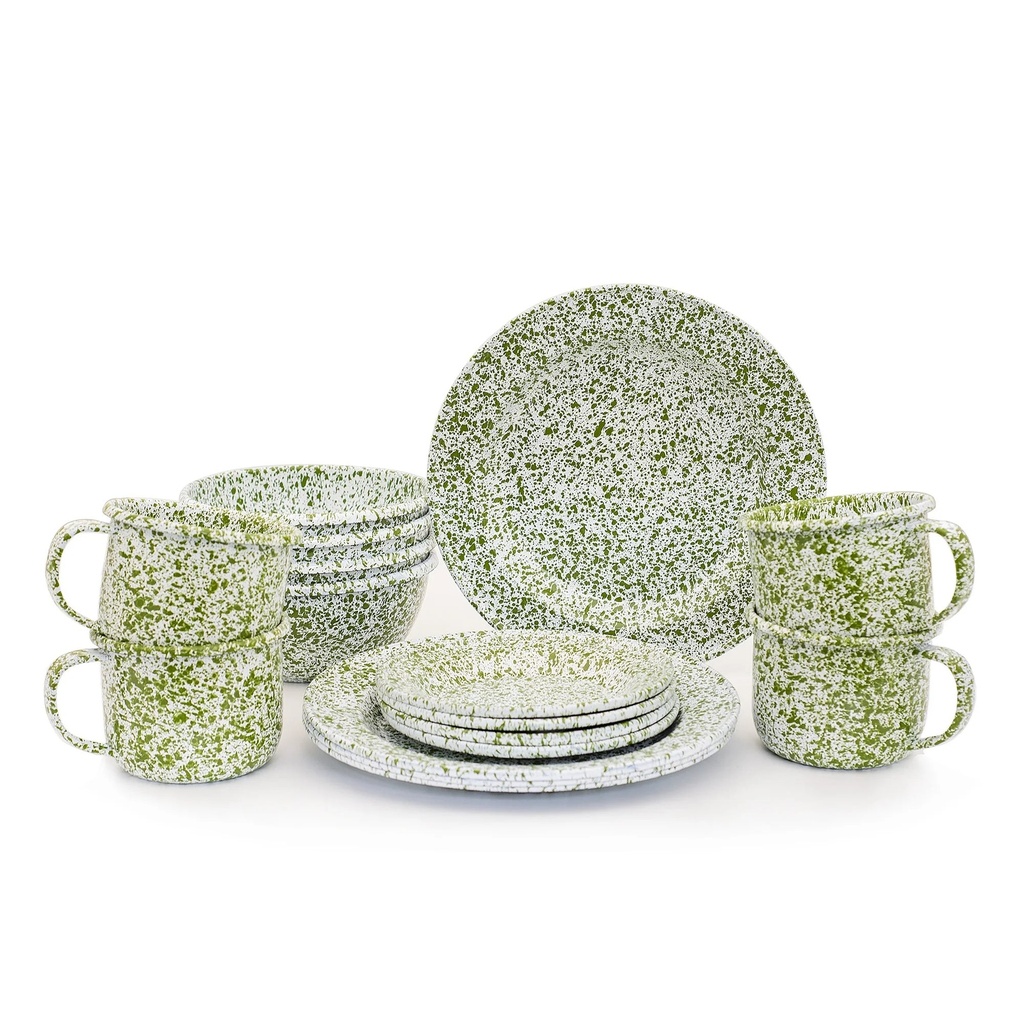 Enamelware Set of 16 Pieces - Green Marbeled Design - Artesano Home Decor