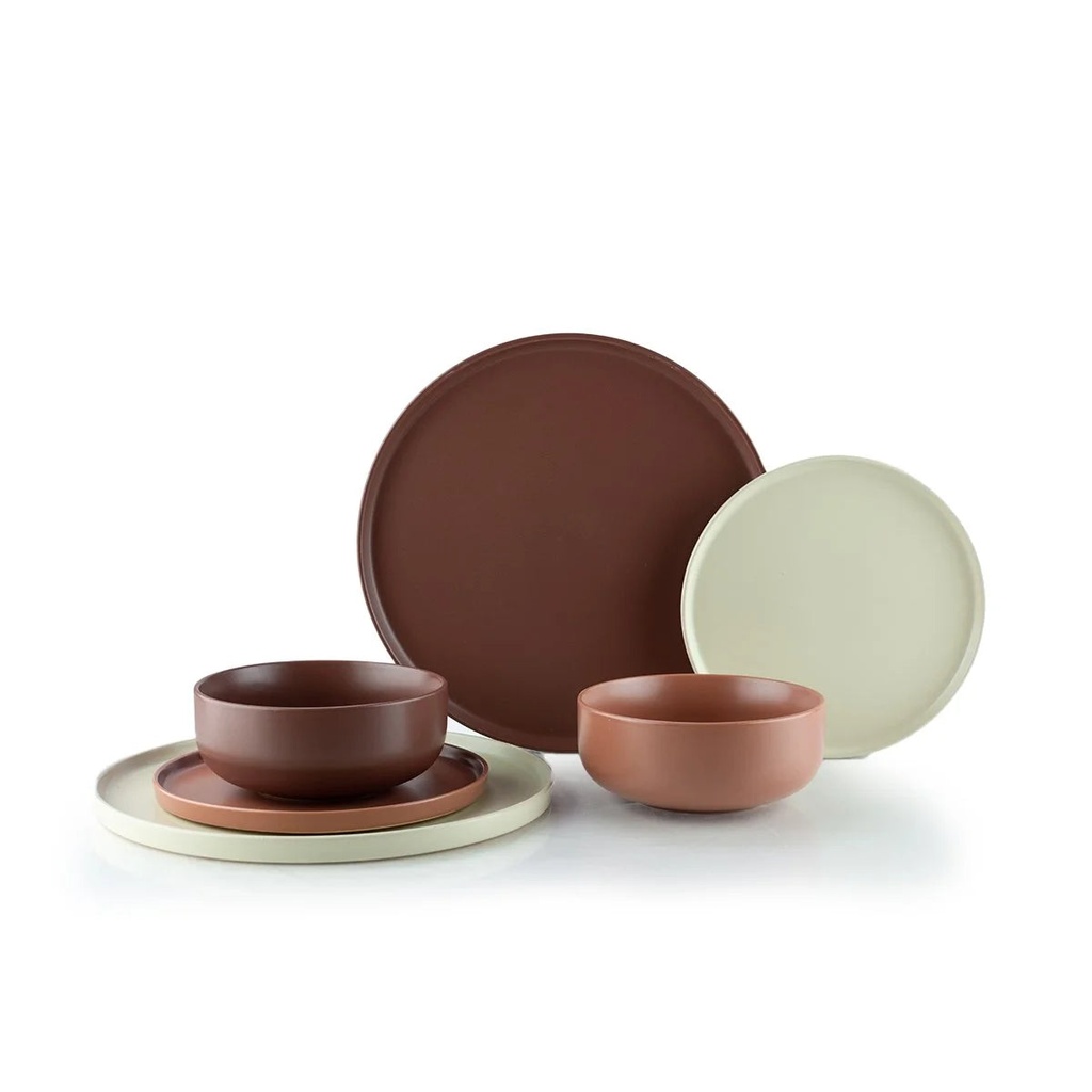 Everything Kitchens Modern Flat 24-Piece Dinnerware Set | Beige, Terracotta, Brown