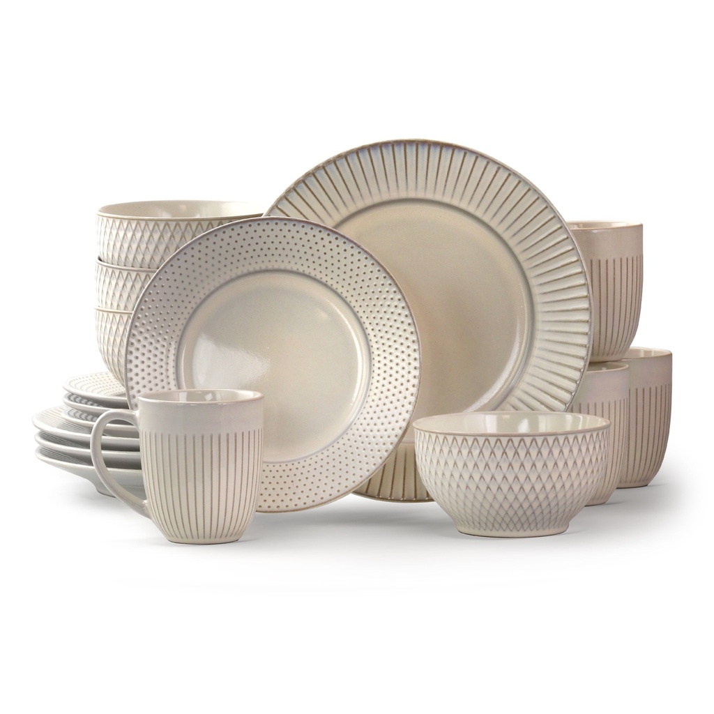 Elama Market Finds 16 Piece round Stoneware Dinnerware Set in Embossed White