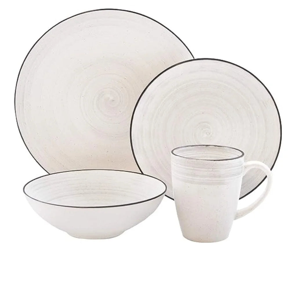 Elle Décor, White with Black Rim, round Whitestone Stoneware Dinnerware Set, 16-Piece
