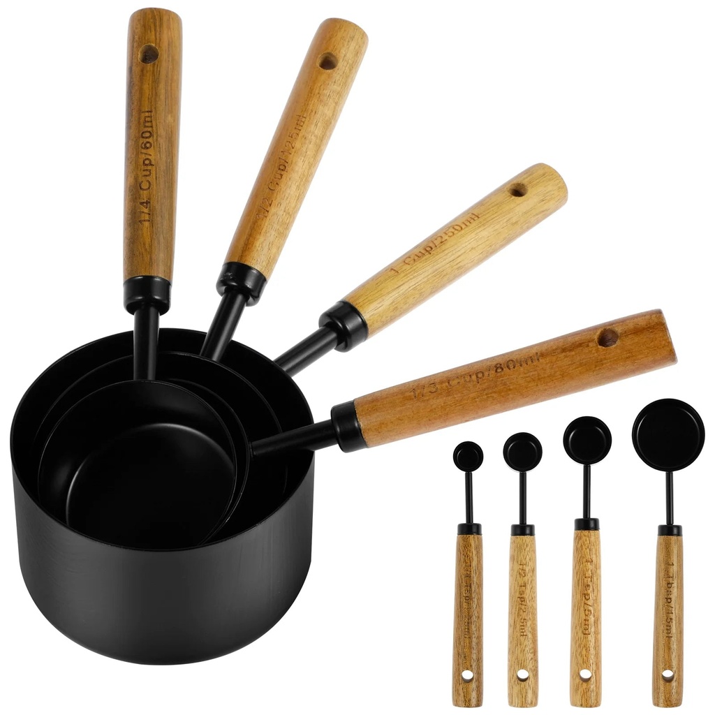 Adifare 8Pcs Measuring Cups and Spoons Set with Wooden Handle and Metric and US Measurements Professional Kitchen Measuring Cup for Kitchen Cooking Baking