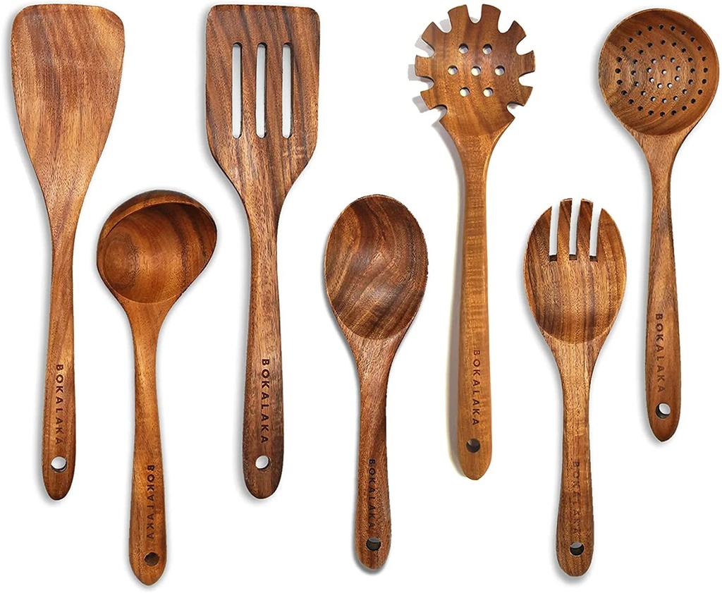 BOKALAKA Wooden Spoons for Cooking, Wooden Utensils for Cooking 7 Pcs Natural Teak Wooden Kitchen Utensils Set Wooden Cooking Utensils