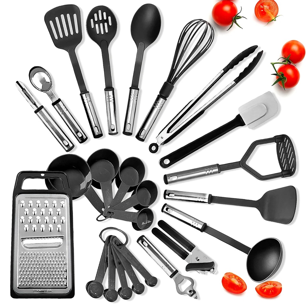 Eatex Kitchen Utensil Set 24 Nylon Stainless Steel Utensil Set, Non-Stick and Heat Resistant Cooking Utensils Set, Kitchen Tools - Black