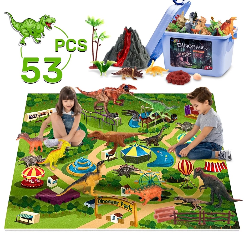 Wisairt Dinosaur Toys for Kids,53 PCS Dinosaur Play Set with Activity Play Mat,Dinosaur Figures,Trees, Rocks,Container to Create a Dino World Great Gift for Boys Girls Toddles Ages 3 4 5 6 7 8