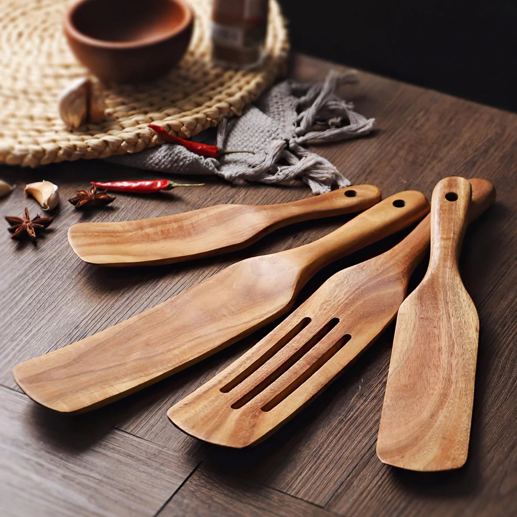 Wood Kitchen Spatula Set, 4Pcs Natural Teak Wooden Spoons Non Stick Cookware Utensil Set for Cooking
