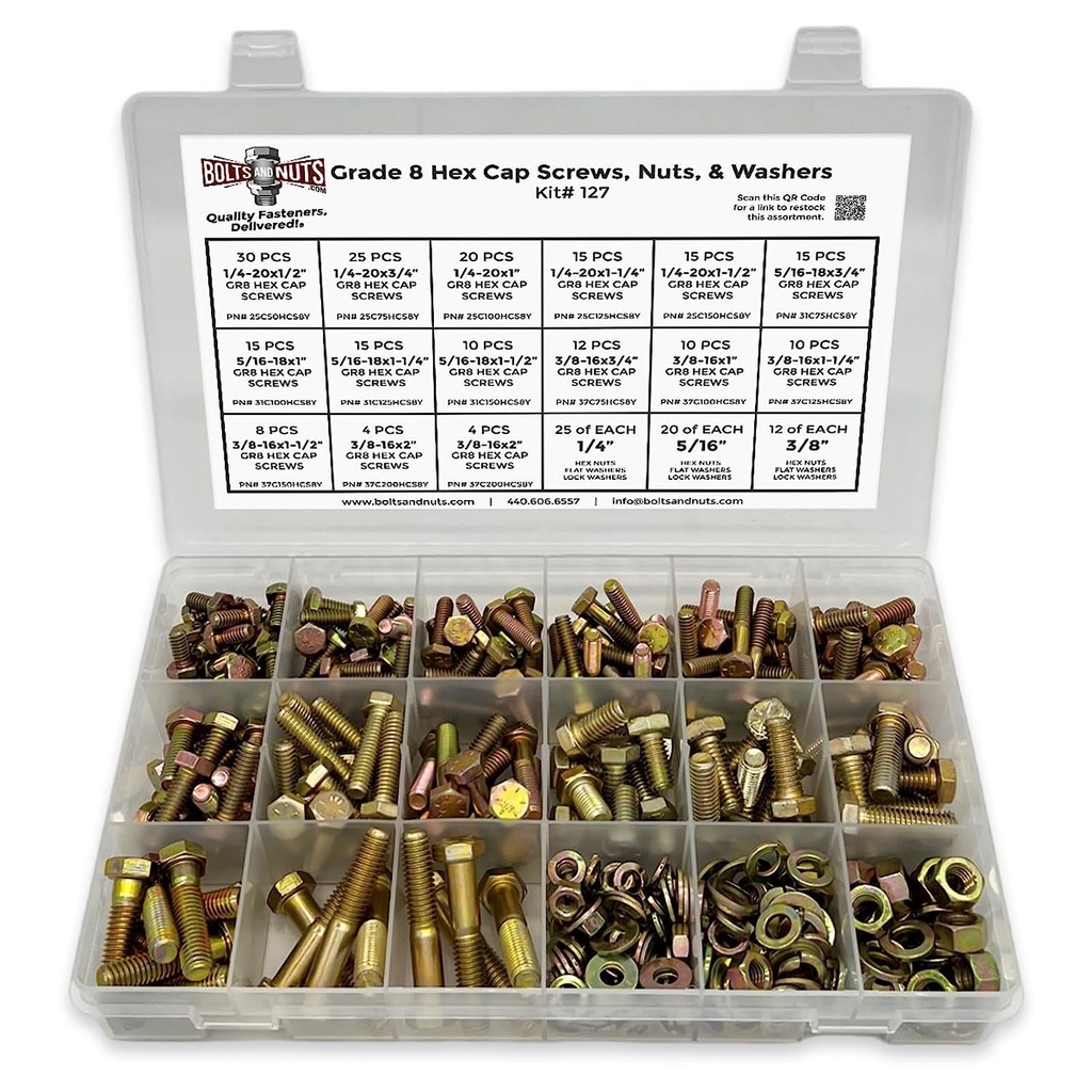 Grade 8 Hex Cap Bolts Screws, Nuts, Washers, Lock Washers Assortment Kit - 380 Pieces!