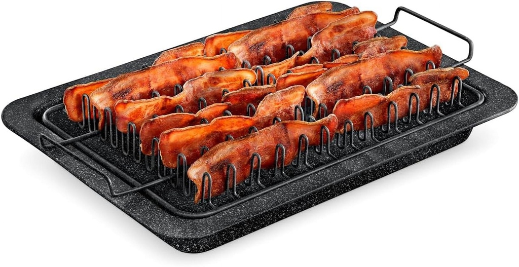 Bacon Tray - 2-Piece Set – Marble Coating - Durable, Non-Stick Cooking Tray for Bacon – Black Stone Tray and Carbon Steel Rack