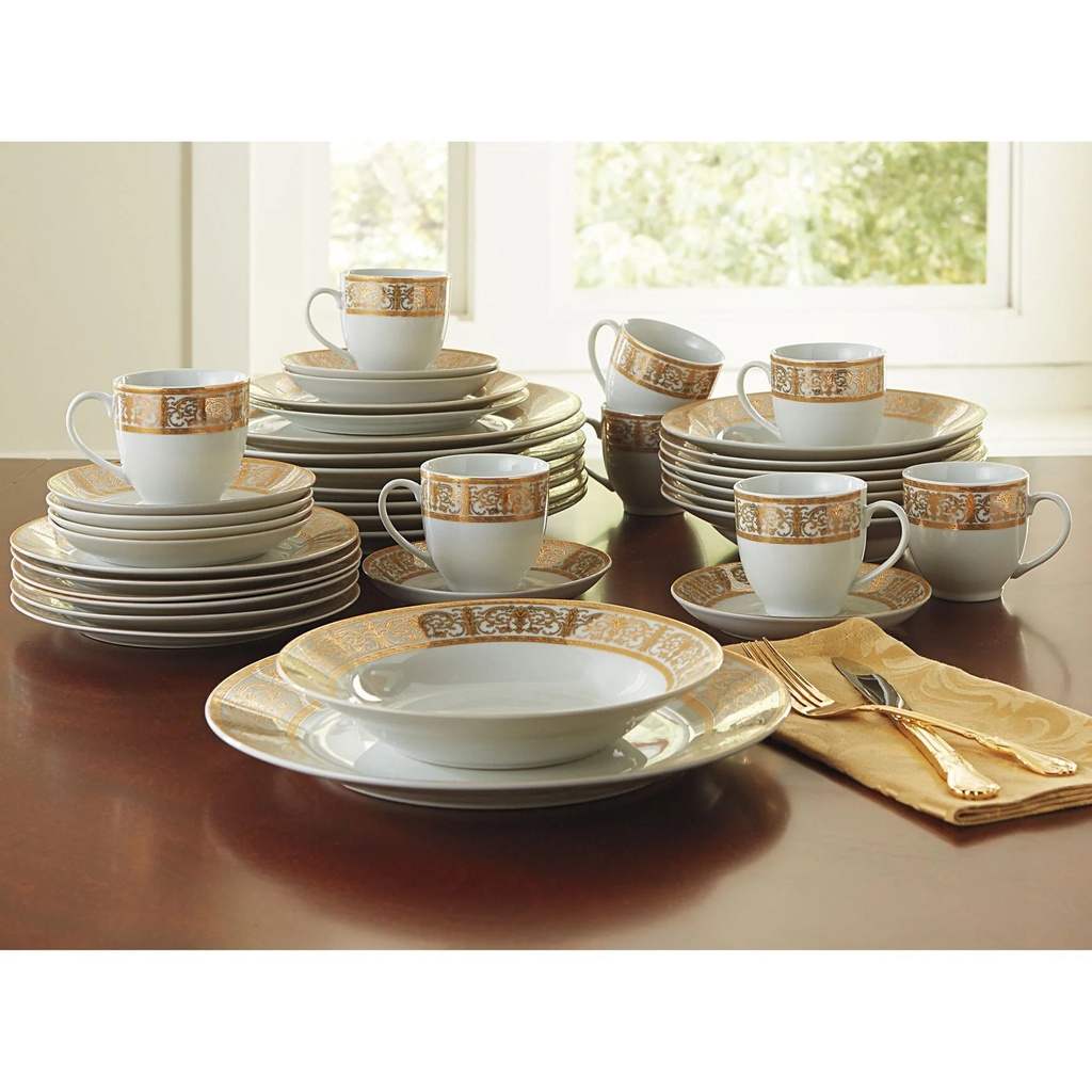 Brylanehome Medici 40-Piece Premium Golden Porcelain Dinnerware Gold White Set (Service for 8) Includes Dinner Dessert Plates Bowls Saucers Mugs Cups