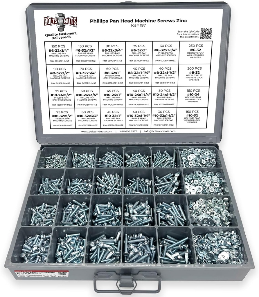 #6#8#10 Phillips Pan Head Machine Screws Bolts Flat & Split Washers & Hex Nuts Assortment Set
