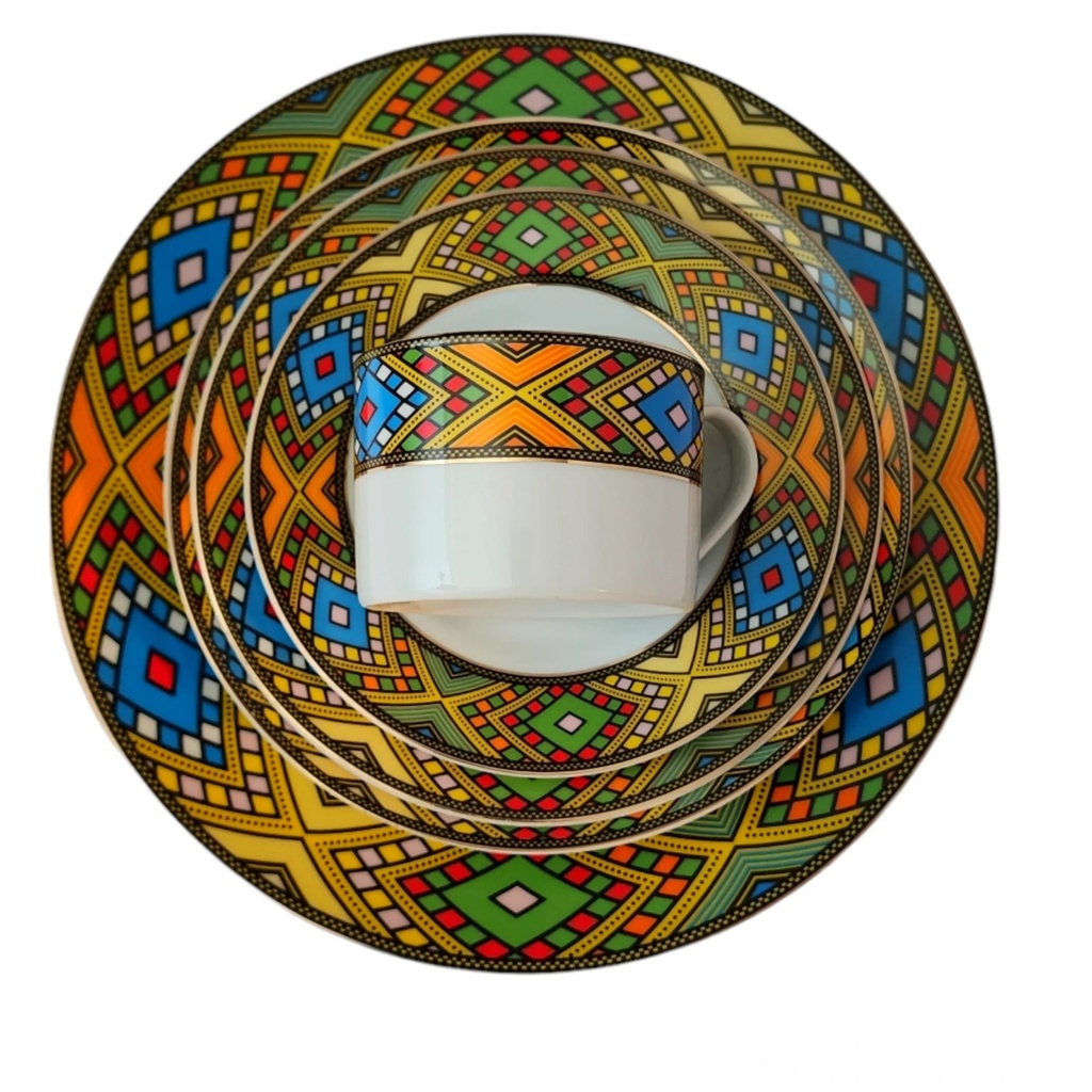 Etege Ethiopia- 20 Pieces Dinnerware Set. Tebeb Design. Durable and Adorned with Shinny Yellow Flowers, Ideal Ethiopian & Eritrean Gift Set.