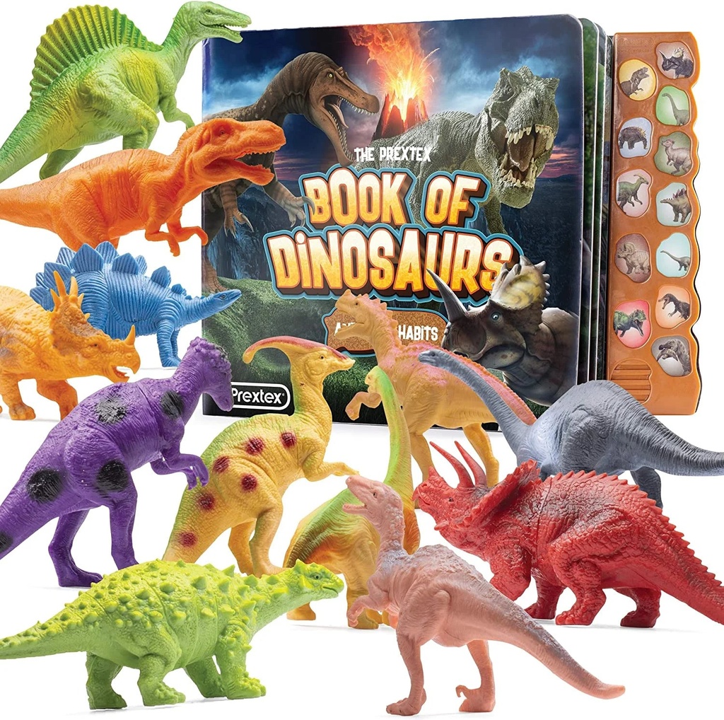Prextex Realistic Looking Dinosaur with Interactive Dinosaur Sound Book - Pack of 12 Animal Dinosaur Figures with Illustrated Dinosaur Sound Book Toys for Boys and Girls 3 Years Old & Up