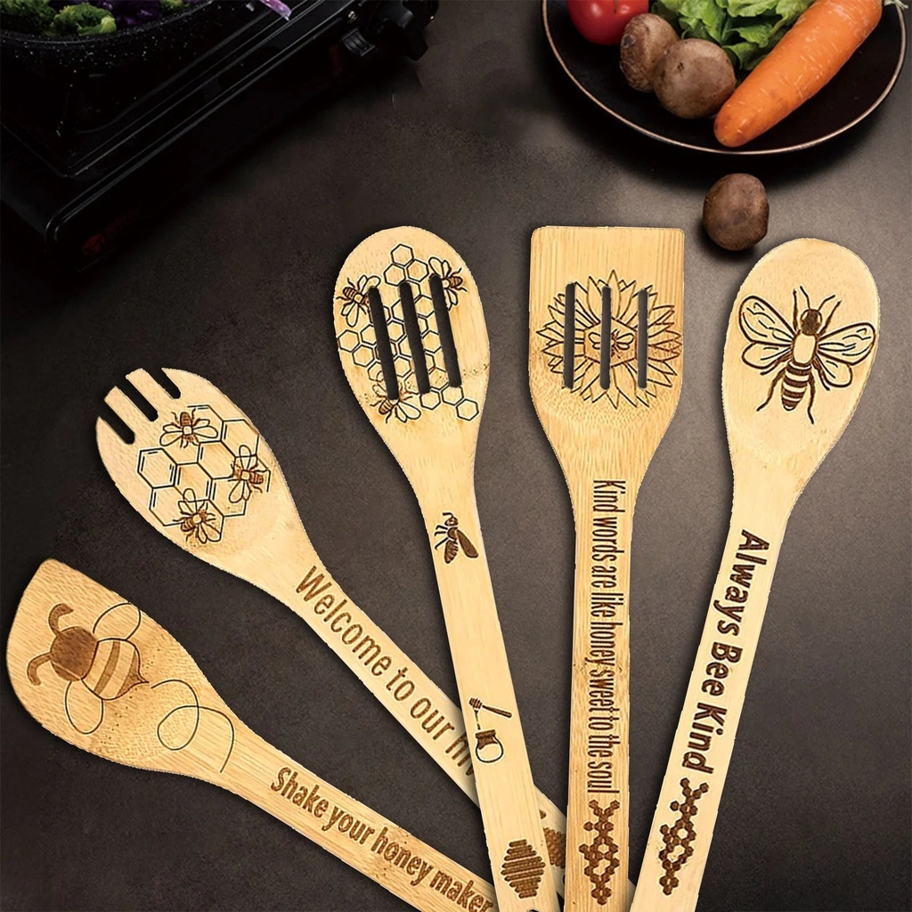 Voguev Tableware | Wooden Spoons Spatula Set Themed Cooking Utensils Non Stick Carve Spoons Burned Cookware Kitchen Gadget Kit Housewarming Gift Chef Present Funny Kitchen Decor