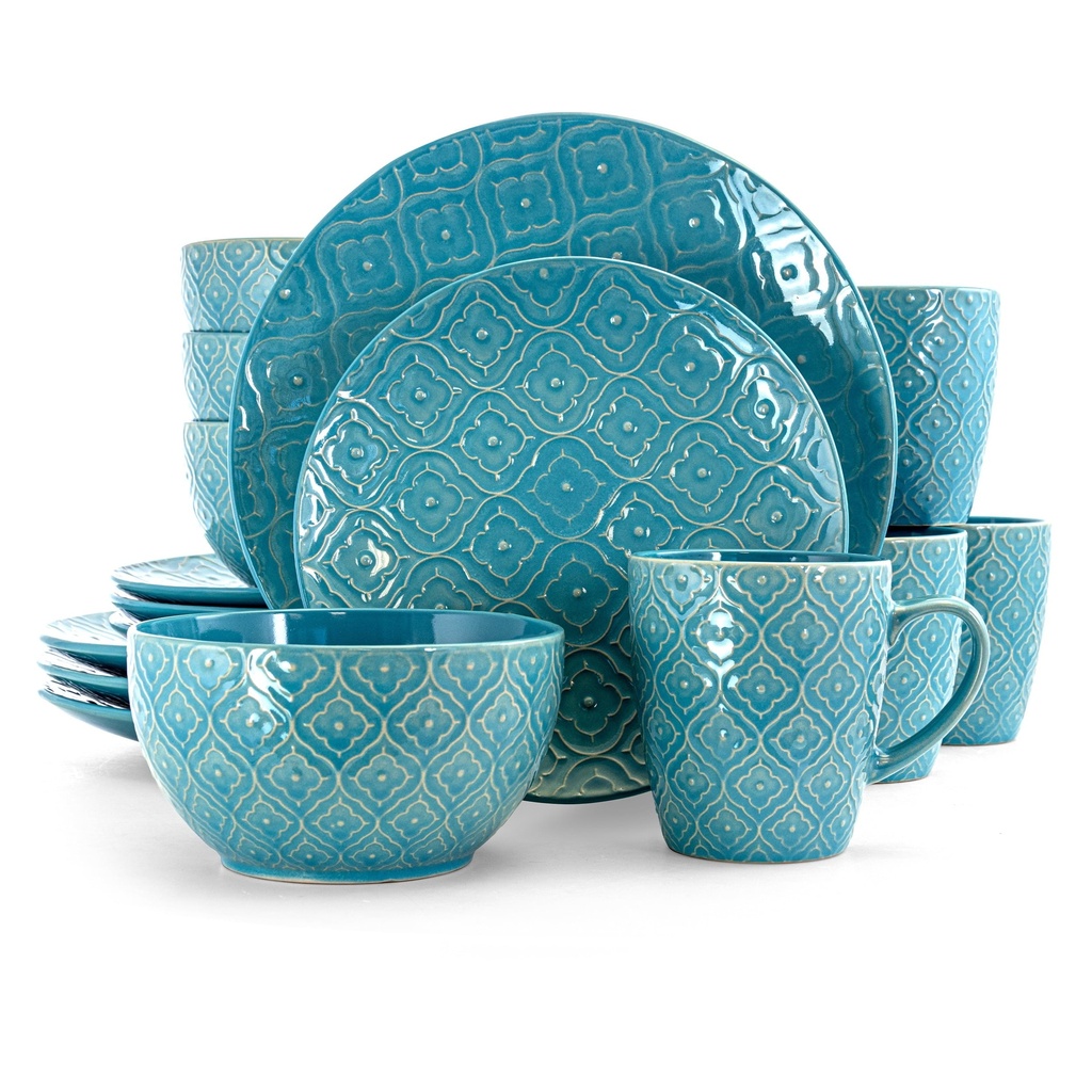 Elama Aqua Lilly 16 Piece round Stoneware Dinnerware Set in Aqua