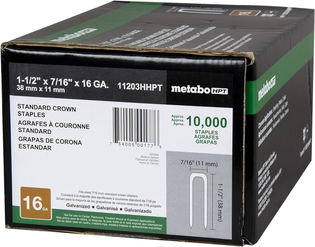 Metabo HPT Staples | 7/16 In. X 1-1/2 In. | Standard Crown | 16 Gauge | Electro Galvanized | 10,000 Count | 11203HHPT