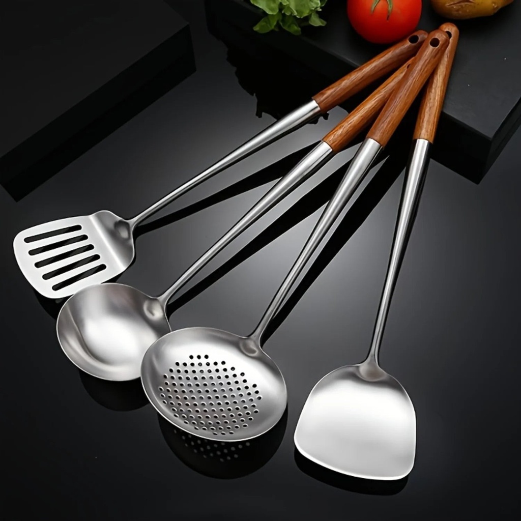 JINZHSF High-Quality 4-Piece Stainless Steel Wok Utensil Set - Extra Long 17” with Sturdy Wooden Handles - Versatile Skimmer Spoon Ladle & Turner - Essential Wok Cutlery Set for Home Ch