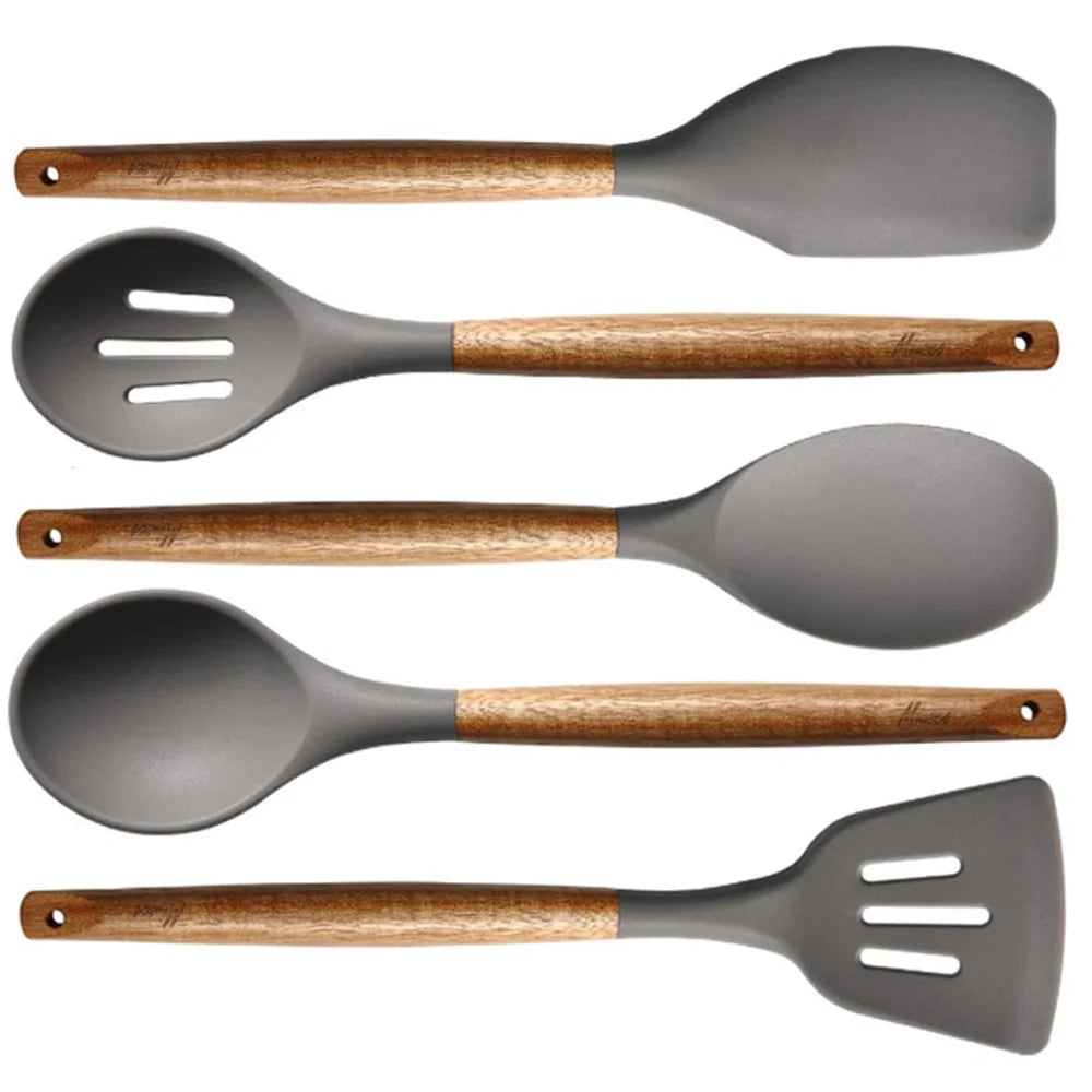 Skycarper 5Pcs Silicone Cooking Utensils Set, Kitchen Wood Handle with Silicone Spatula and Turner Spoon, Heat Resistant Cookware Set, Grey
