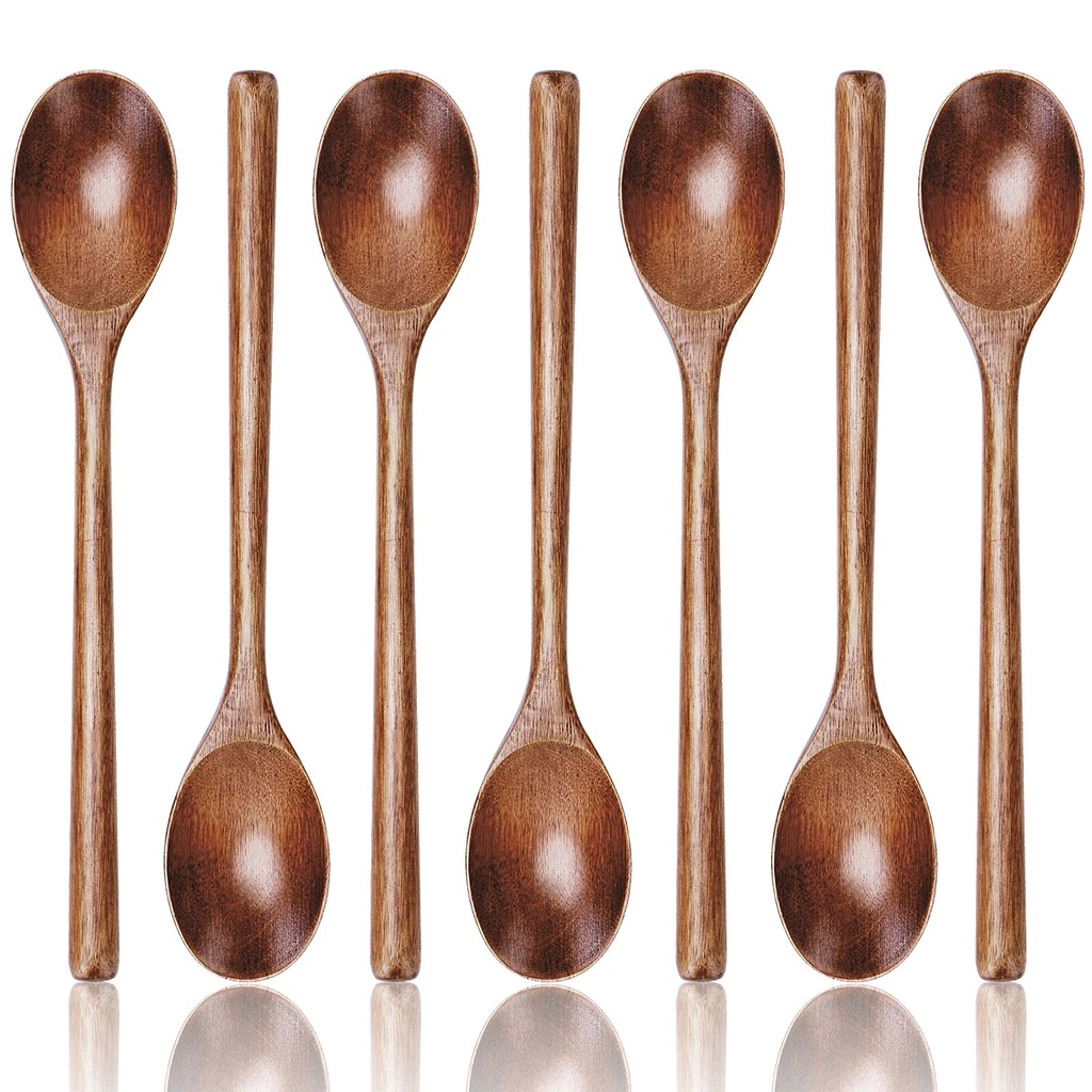 HSM 7 PCS Wooden Spoons for Cooking, 9.3 Inch Wooden Spoons for Eating Mixing Stirring Tasting Baking, Long Handle Spoons for Serving, Cooking Utensils Set for Sauce Soup Honey Tea Soda Dessert