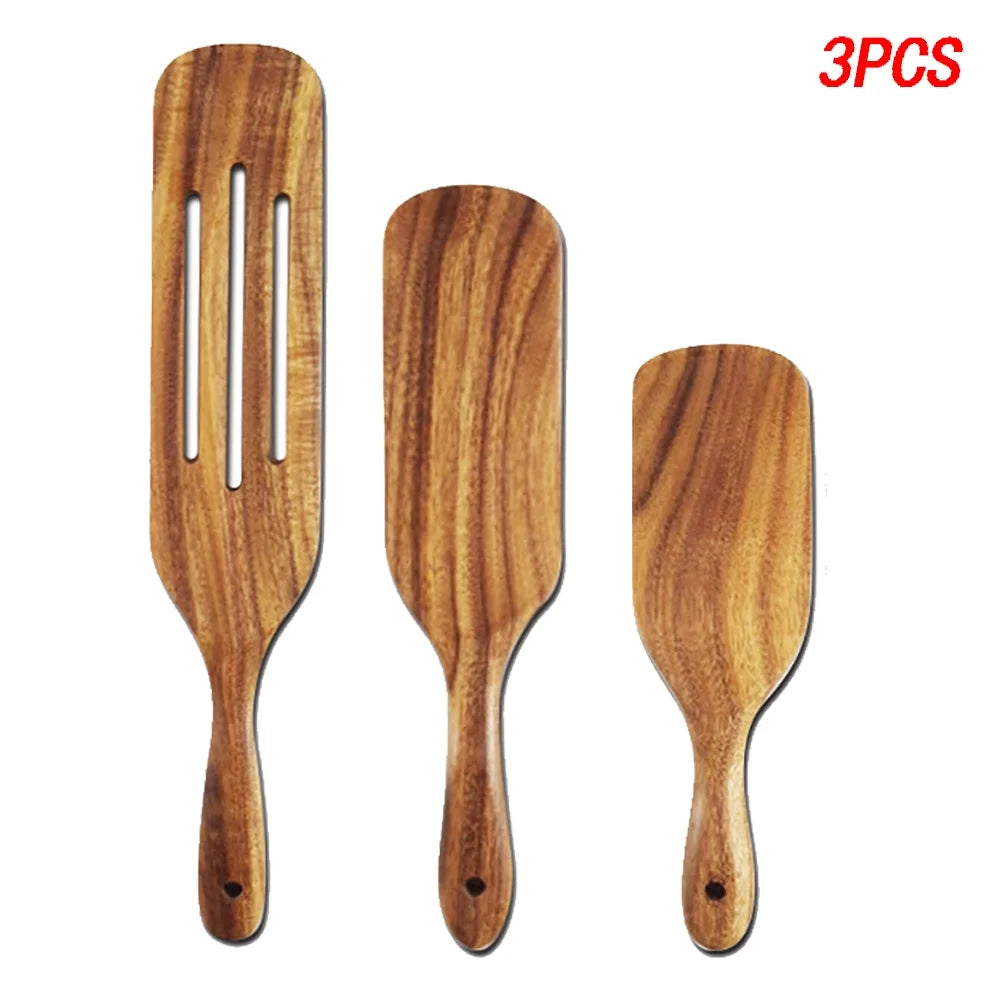 POINTERTECK 3PCS Teak Spurtle Set Wooden Spoons for Cooking with Hanging Hole, Wooden Kitchen Utensil Set, Slotted Wooden Spatula Wooden Cooking Utensils
