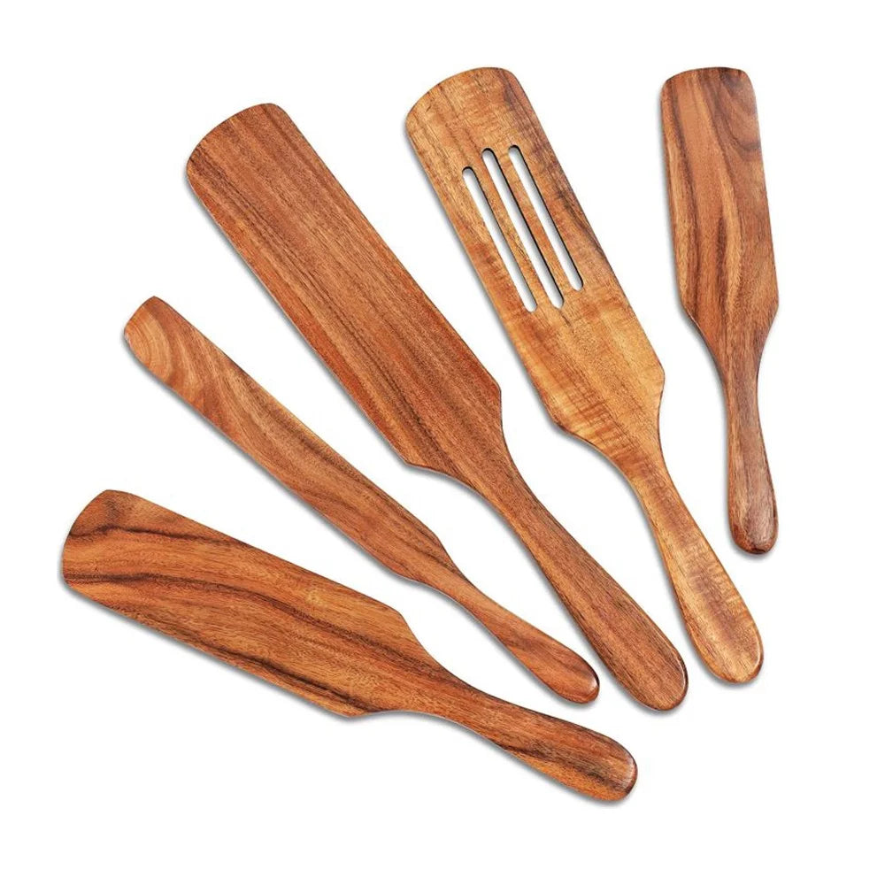 Wooden Cooking Utensils 5 Piece Set Hanging Hole, High Heat Resistant Cookware, Non-Stick for Stirring & Mixing