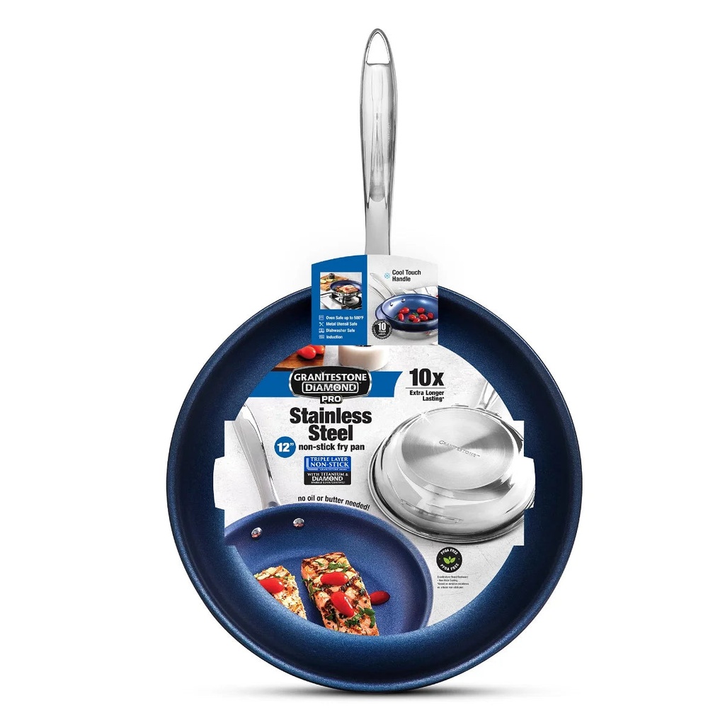 Granitestone Stainless Steel Nonstick 12” Frying Pan, Tri-Ply Base, Stainless Steel Fry Pan with Nonstick Mineral Coating, 100% PFOA Free, Cool Touch Handles, Induction, Oven & Dishwasher Safe