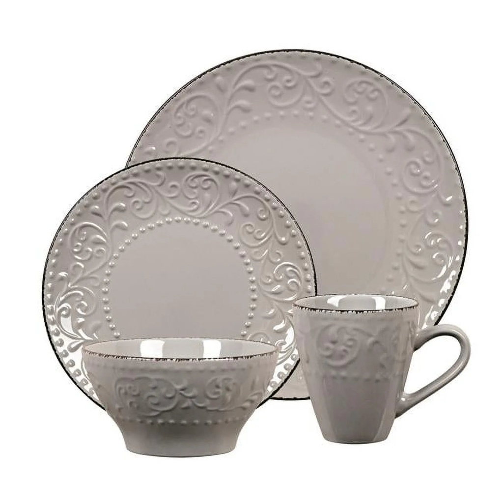 Lorren Home Trends LH527 16 Piece Stoneware Scroll Dinnerware Set, Gray