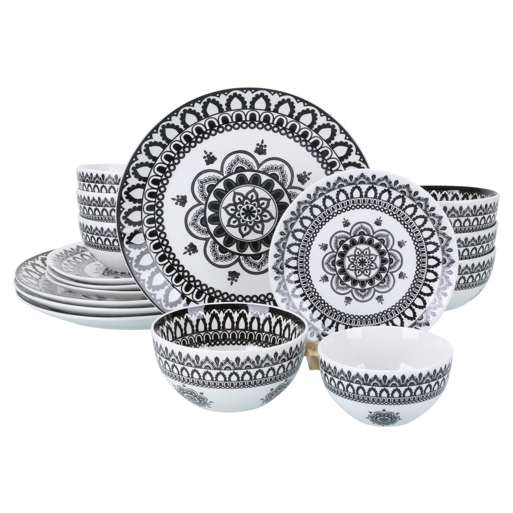 BIA Cordon Bleu Stoneware, Arabesque, 16-Piece Dinnerware Set Double Bowl, Black and White