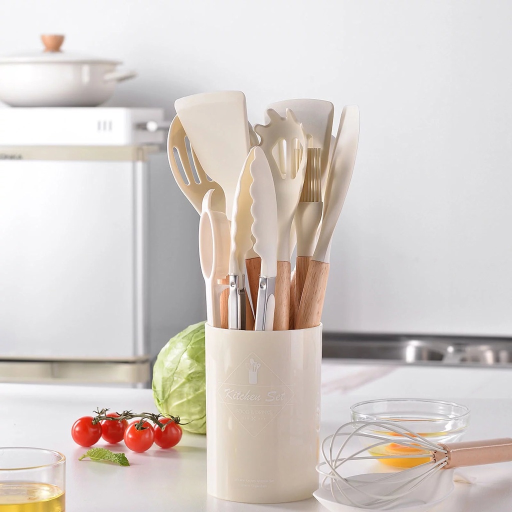 Kitchen Utensils Setwooden Handle Silicone Kitchenware Set 12 Piece round Barrel Set Non Stick Pot Cooking Spoon Kitchen Tools Clearance