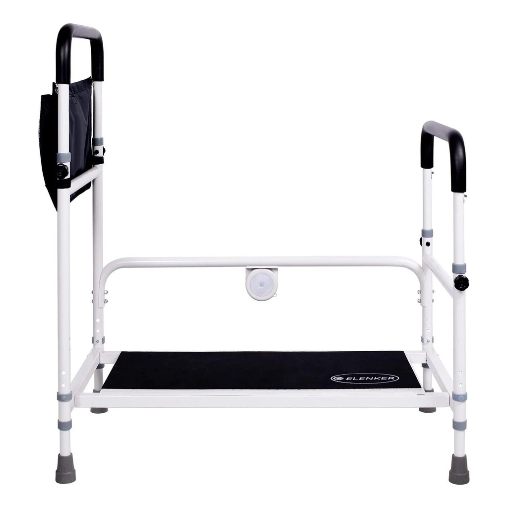 ELENKER Adjustable Height Bed Step Stool, Bed Assist Bar with Storage Pocket, Including Blanket, LED Light for Fall Prevention, for Elderly, Pregnant, Handicapped, Holds up to 350Lb, White