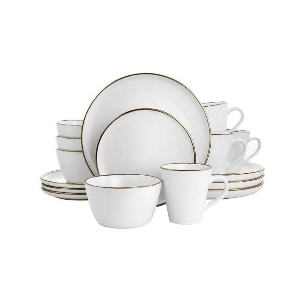 Elama Arthur 16 Piece Stoneware Dinnerware Set in Matte White with Gold Rim